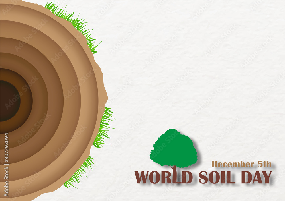 Poster closeup and crop layer of soil in a circle and paper cut style with grass and the day and name of ev