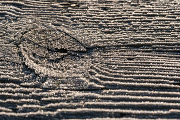 Fototapeta premium wooden board on the ground covered with morning frost under the sunlight 