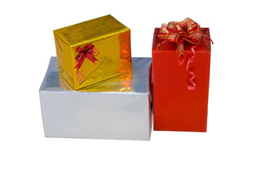 yellow and red boxes with gifts on a white background copy space	