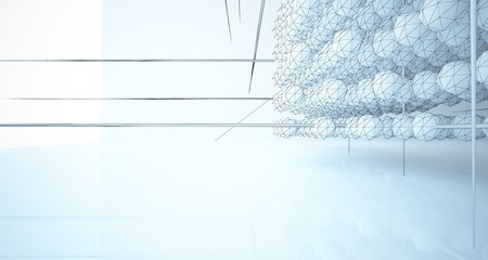 Drawing abstract architectural white interior from an array of spheres with large windows. 3D illustration and rendering.