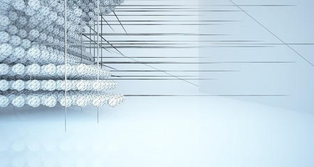 Drawing abstract architectural white interior from an array of spheres with large windows. 3D illustration and rendering.
