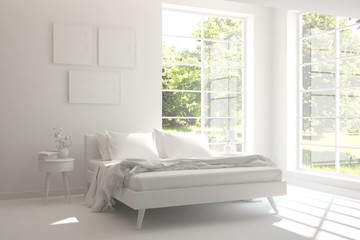 White stylish minimalist bedroom with summer landscape in window. Scandinavian interior design. 3D illustration