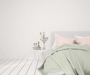 Mock up modern bedroom in white color. Scandinavian interior design. 3D illustration