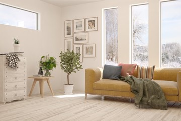 Stylish room in white color with sofa and winter landscape in window. Scandinavian interior design. 3D illustration