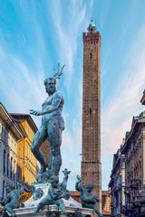 The Neptune Fountain in Piazza del Nettuno. Bologna, Italy - obrazy, fototapety, plakaty