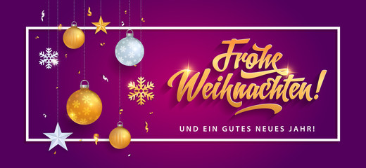 Frohe Weihnachten - Merry Christmas in German language purple background template with glitter gold elements, snowflakes, stars and calligraphy