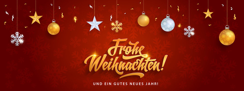 Frohe Weihnachten - Merry Christmas in German language red background banner template with glitter gold elements, snowflakes, stars and calligraphy