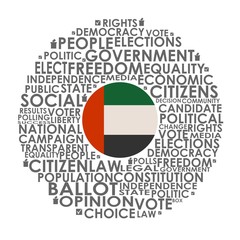 Words cloud relative for voting. Circle frame. Flag of the United Arab Emirates
