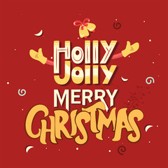 White and Yellow Text Holly Jolly Merry Christmas with Open Arms and Jingle Bell on Red Background for Celebration Concept.