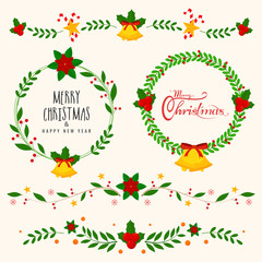 Floral greeting card design with circular frame for Merry Christmas and Happy New Year celebration concept.