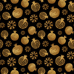 Pomegranate and flowers gold hand painted seamless pattern. Abstract floral golden background. Nature glitter texture.