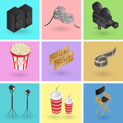 Collection of colorful cinema or movie objects in 3d style.
