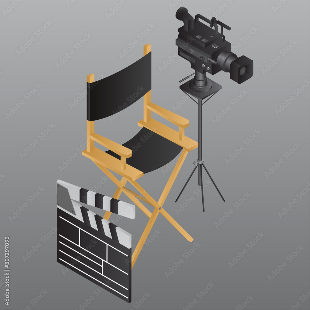 Poster 3d illustration of clapper board with director chair and video camera on grey background.