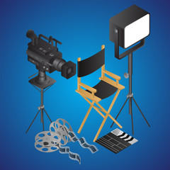 Realistic director chair with video camera; spot light; film reel and clapper on blue background.