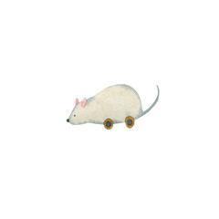 Watercolor illustration of a clockwork mouse. Hand-drawn with watercolors and suitable for all types of design