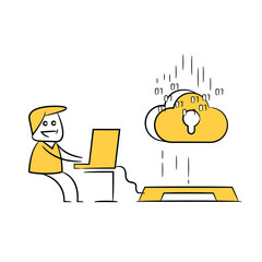 businessman working on laptop connecting  to cloud yellow stick figure