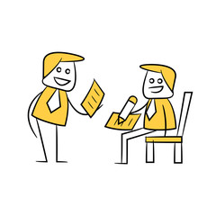 businessman writing document yellow stick figure