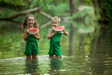 Children play in the water and take a bite of juicy colorful ripe watermelon.
