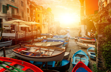 Fototapeta na wymiar Beautiful colorful cityscape on the mountains over Mediterranean sea, Europe, Cinque Terre