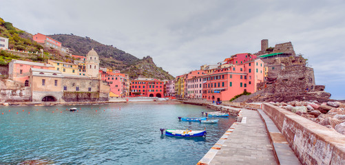 Beautiful colorful cityscape on the mountains over Mediterranean sea, Europe, Cinque Terre