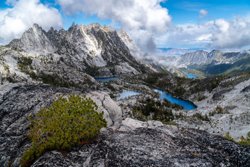 View to blue alpine lakes