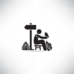 backpacker or traveler sitting and drinking near by road signage vector