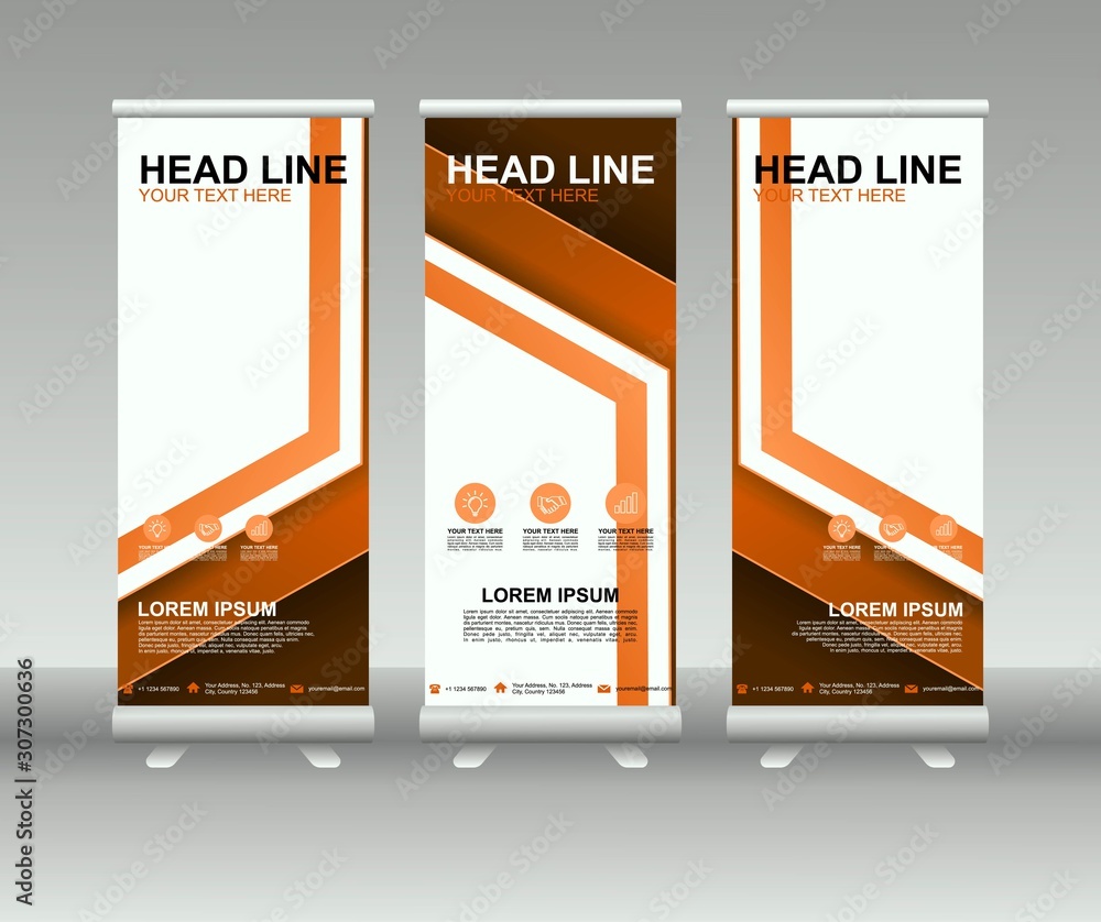 Wall mural roll up banner stand. modern vertical flag banner template design with abstract background can be us