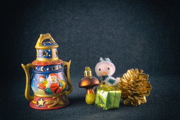  Snowman and christmas decoration, on blue background