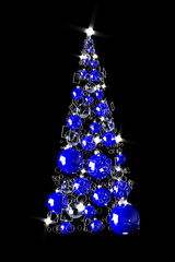 Fototapeta na wymiar Fashionable Christmas tree of blue balls on a black background . Festive template for design.