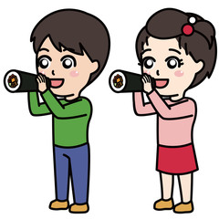 恵方巻きを食べる子ども