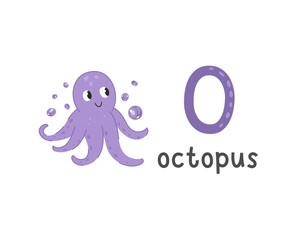 Vector illustration of alphabet letter O and octopus