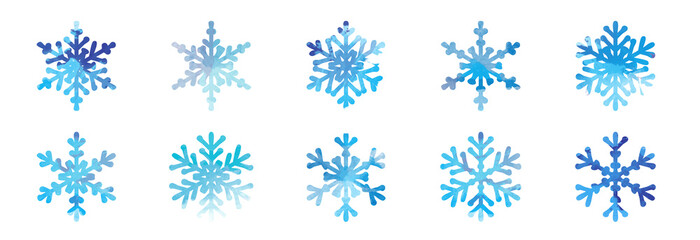 Big bundle set of blue hand drawn doodle watercolor snowflakes