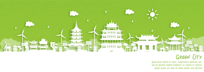 Green city of Hangzhou, China. Environment and ecology concept in paper cut style. Vector illustration.