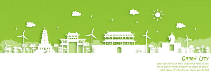 Green city of Xian, China. Environment and ecology concept in paper cut style. Vector illustration.