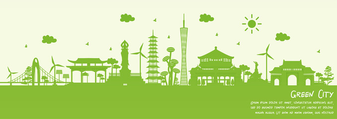 Green city of Guangzhou, China. Environment and ecology concept. Vector illustration. - obrazy, fototapety, plakaty