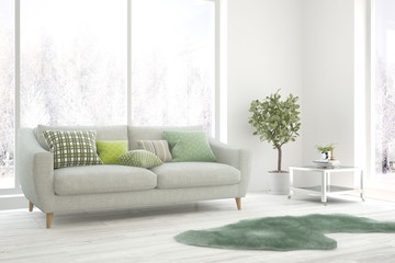 Stylish room in white color with sofa. Scandinavian interior design. 3D illustration