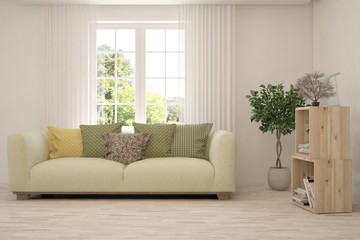 Stylish room in white color with sofa and summer landscape in window. Scandinavian interior design. 3D illustration