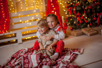 Brother and sister children are photographed and hugged in a room near the Christmas tree at home.