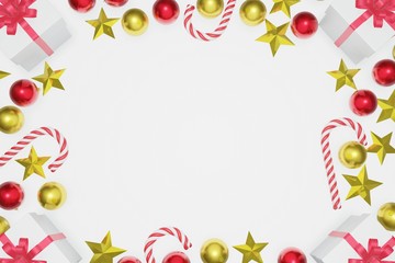 Fototapeta na wymiar Top view Christmas and New Year white background with copy space frame, 3d rendering.