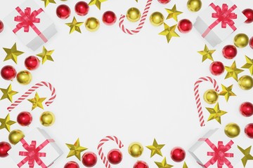 Top view Christmas and New Year white background with copy space frame, 3d rendering.