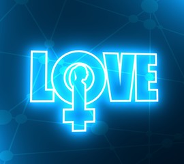 Female sign icon in love word. Silhouette of woman head. 3D rendering