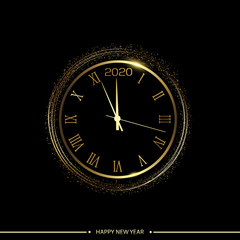 Obraz na płótnie Canvas Happy 2020 Year card with golden watch on black background. Vector