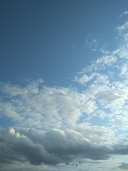 blue sky with white fluffy clouds of different densities. can be used as banners for social networks, in environmental materials, for printing on a calendar, fabric, photophone, souvenirs