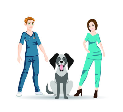 The dog next door with smiling veterinarians. The concept of treatment of Pets. Professional consultation of the doctor.