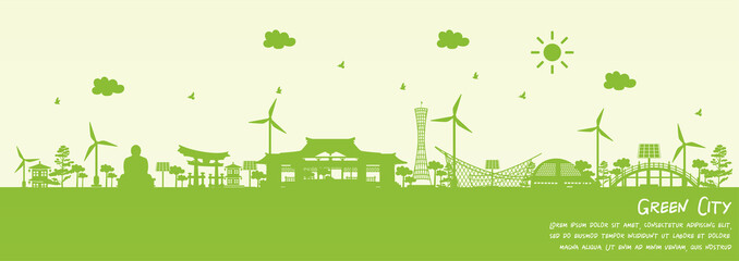 Green city of Kobe, Japan. Environment and ecology concept. Vector illustration. - obrazy, fototapety, plakaty
