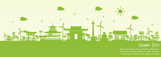 Green city of Kyoto, Japan. Environment and ecology concept. Vector illustration.