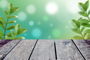 Old wooden bridge flooring With green leaves blurred background