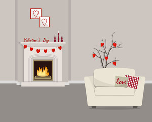 Room, decorated for Valentine's Day. Living room with fireplace and armchair. Valentines decor in the interior. There is a garland of red hearts, candles, pillows and decorative branches. Vector