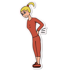 Cartoon young white woman with a sore back in a tracksuit sticker. White background isolated vector illustration