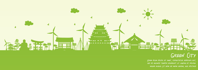 Green city of Nagoya, China. Environment and ecology concept. Vector illustration.